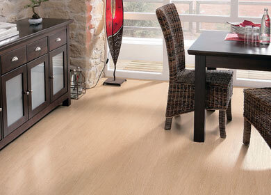 Helles Wohnzimmer mit modernem Laminatboden, Essbereich und stilvollen Rattanmöbeln.